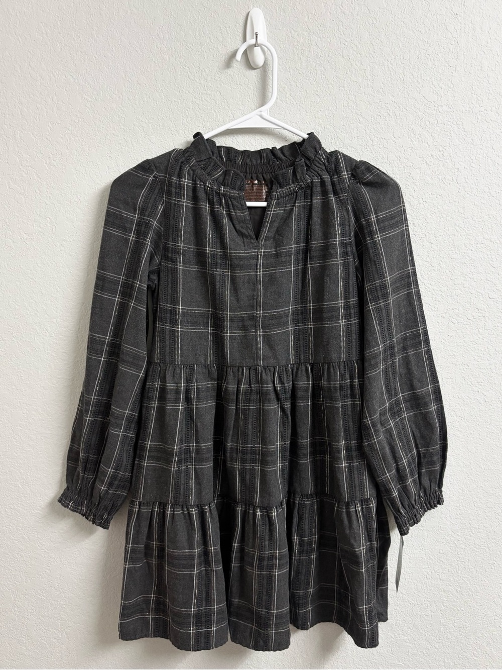 Girls Charcoal Gray Gold Plaid Tiered Long-Sleeve Peasant Dress Size L NWT